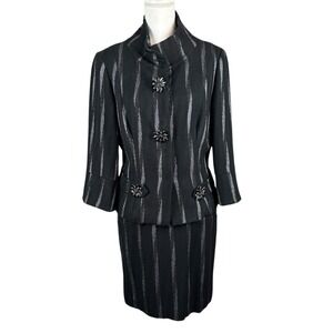 Vtg 90s Alberto Makali Skirt Suit Set Size 8 Black Metallic Jacket Mini Pencil